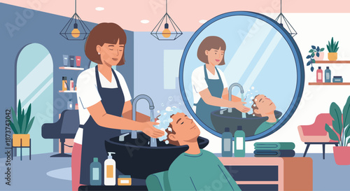 4. Hair Stylist Washing Hair
A flat vector illustration of a hair stylist washing a client’s hair at a salon sink. Water flow and shampoo bottles visible. Flat vector style, clean and relaxing mood.