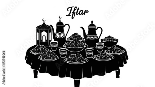 A beautifully set table with food and drinks for iftar a traditional meal to break the fast during ramadan with lanterns and teapots on a decorative tablecloth