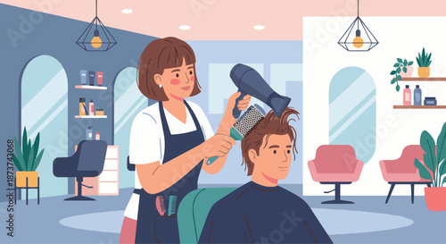 Hair Stylist Blow Drying Hair
A flat vector illustration of a hair stylist using a hair dryer and round brush to style a client’s hair. Salon interior background. Flat vector design with smooth shapes