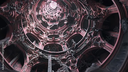 ornate architecture, pink lighting, ceiling details