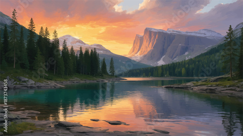 Serene mountain lake landscape illustration at twilight, showcasing majestic peaks, lush pine forests, and breathtaking reflections on tranquil waters