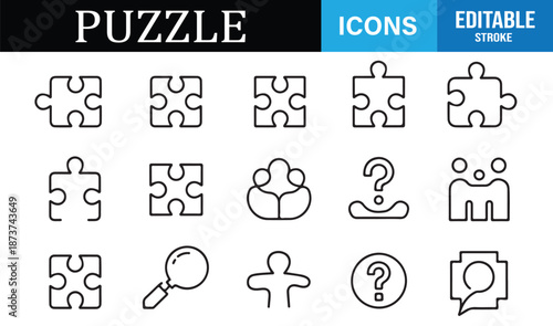 Puzzle piece and teamwork outline icon set