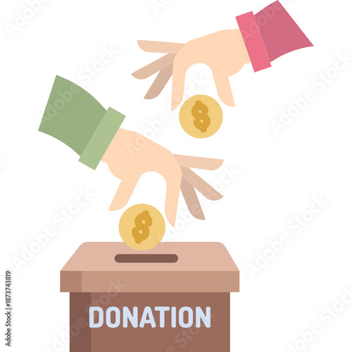 Donation Box with Coins and Hands