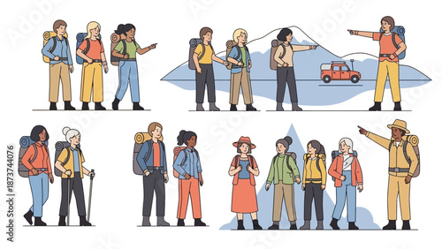 Group of hikers with backpacks exploring mountains and landscapes together.