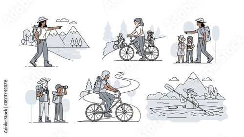 Illustrations of people hiking and cycling in mountainous landscapes.