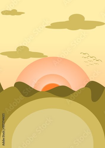 Sunset over mountains with vibrant orange and green hues naturally