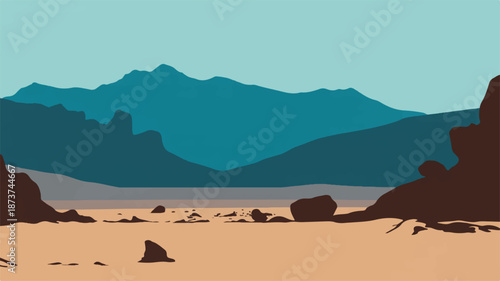 Minimalist digital illustration of a serene desert landscape with layered distant mountains under a tranquil clear sky, showcasing an abstract natural vista
