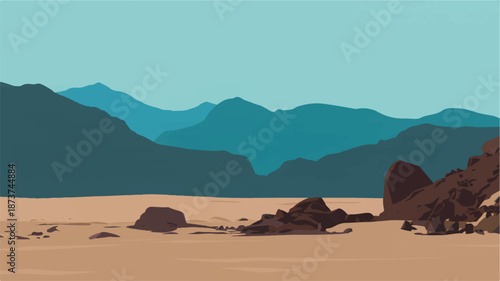 Minimalist Illustration of a Serene Mountain Landscape with Rocky Shoreline
