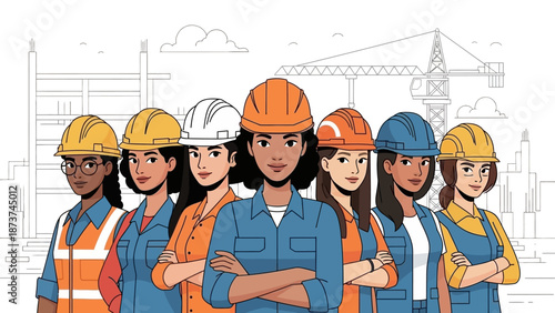 Diverse group of women in construction standing together with confidence.