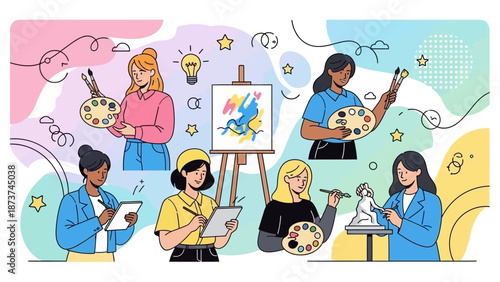 Diverse group of women pursuing creative arts and hobbies in a studio setting.