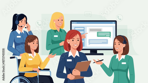 Diverse team of female customer service representatives providing online support.