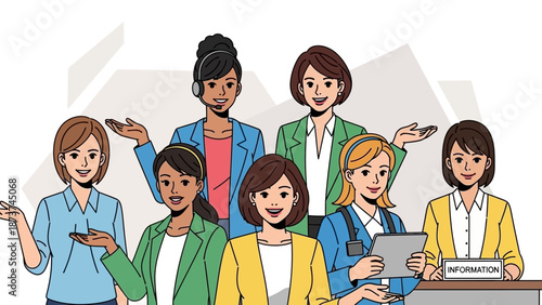 Diverse team of women in business, customer service, and information roles.
