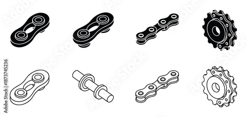 Isometric Bicycle Chain Parts, Bike Chain Links and Sprocket, Black and White line Art Illustration