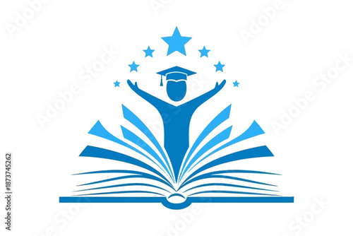 Graduate student celebrating success with open book and stars.