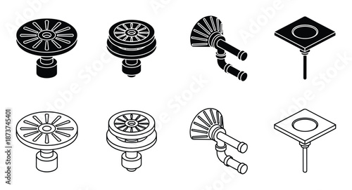 Isometric plumbing and drain fixtures in black and white line art