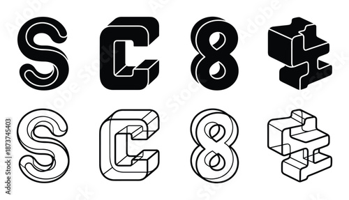 Isometric shapes with letters S C number 8, black and white design, perspective shapes