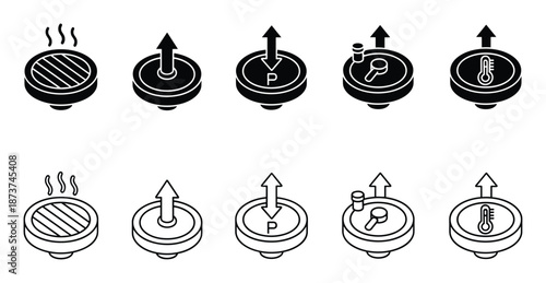Isometric UI icons set, cooking food, upload, pressure, timer and temperature options signs