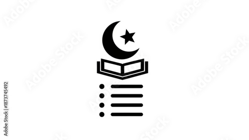 Islamic crescent moon star symbol with open book and lines on white background with religion and faith and muslim and arabic and calligraphy