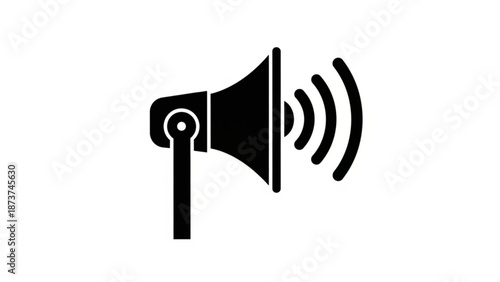 A black graphic illustration of a loudspeaker with sound waves emanating from it on a white background for communication and announcement purposes
