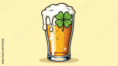 A cartoon illustration of a full glass of beer with a four leaf clover and foam on top on a pale yellow background with st patricks day and luck