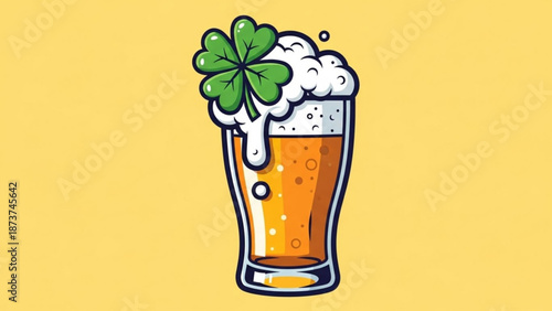 A cartoon glass of beer with a four leaf clover on top and a yellow background with st patricks day and cartoon beer and irish and lucky and beer glass