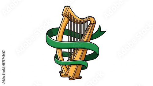 Golden harp instrument with green ribbon wrapped around it on white background for st patrick's day celebration with St Patrick s Day and Irish