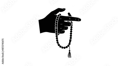 A black silhouette of a hand holding a string of prayer beads with a tassel on a white background with spirituality and faith and meditation