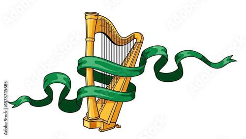 A gold harp with a green ribbon wrapped around it on a white background symbolizing irish heritage and music with instrument and Celtic and stringed instrument