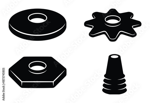 Isometric view of washer, gear, nut and conical tube. Black and white machine parts illustration
