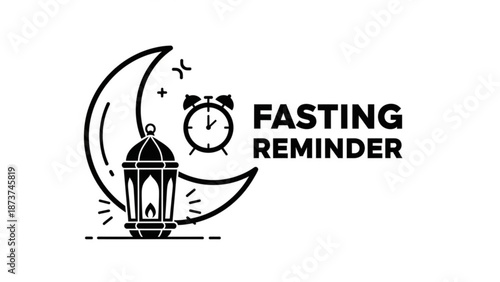 Black and white illustration of crescent moon with lantern and alarm clock for fasting reminder during ramadan with Islamic and religion and faith