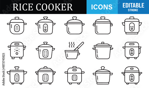 Rice cooker and cookware outline icon set