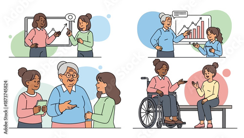 Diverse Women Assisting People in Various Situations.