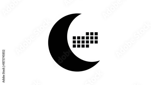 A black crescent moon shape with a cluster of small squares to its right on a white background with graphic design and minimalist art and stylized moon