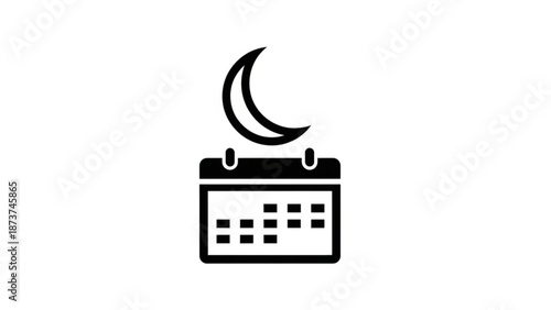 A black and white icon of a calendar with a crescent moon above it representing nighttime scheduling and planning with graphic and design and organization