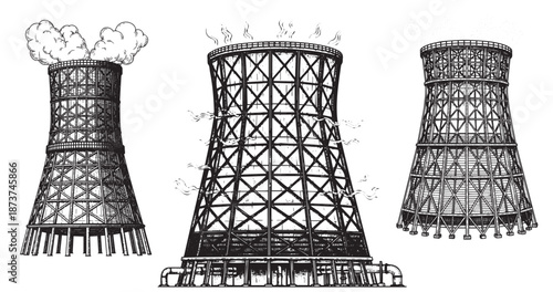 Cooling tower engraving illustration for power plant engineering