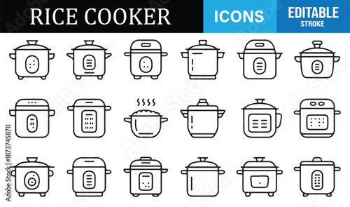 Editable rice cooker and kitchen appliance icons collection