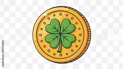 A gold coin with a green four leaf clover and stars on a transparent background for st patrick's day or luck concepts with St Patrick s Day and good fortune