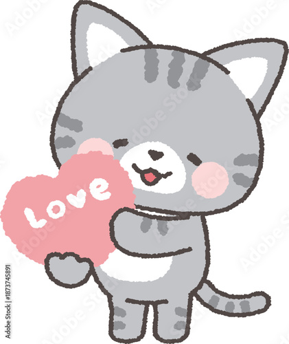 「love」と書かれたハートを持つサバトラネコ