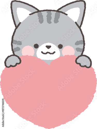 ハートの上から顔を出すサバトラネコ