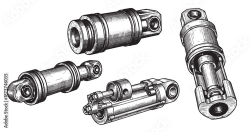 Hydraulic cylinder engraving illustration for industrial machinery