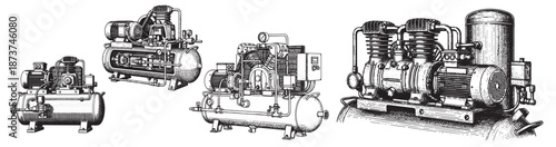 Industrial air compressor engraving illustration for engineering branding