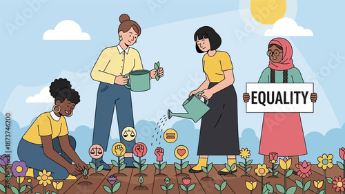 Diverse group of women promoting equality while gardening together in a vibrant flower field.