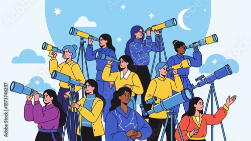 Group of people stargazing together with telescopes at night.