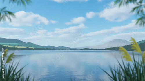 Stylized digital illustration of a tranquil lake. Calm waters reflect clear blue sky, framed by green hills and reeds, offering a peaceful natural vista
