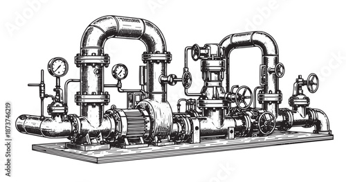 Pipeline pump station engraving illustration for energy infrastructure