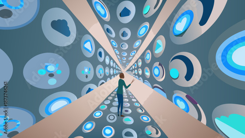 Businessperson standing in futuristic tunnel with glowing blue circles and icons on walls and floor looking ahead with technology and innovation