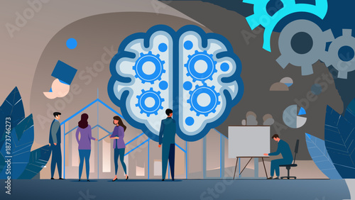 Flat vector illustration of business team collaborating on project with brain gears and whiteboard with collaboration and project planning and brainstorming