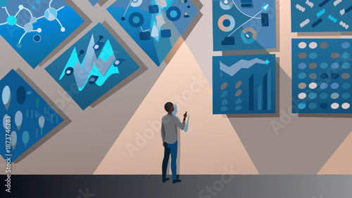 Flat vector illustration of a business strategist analyzing data visualization charts and graphs on a wall with analysis and strategy and planning