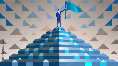 Confident businessman standing on top of pyramid holding blue flag in air with many triangles in background representing success and achievement in business and leadership