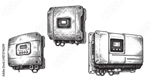 Solar inverter engraving illustration for renewable energy branding